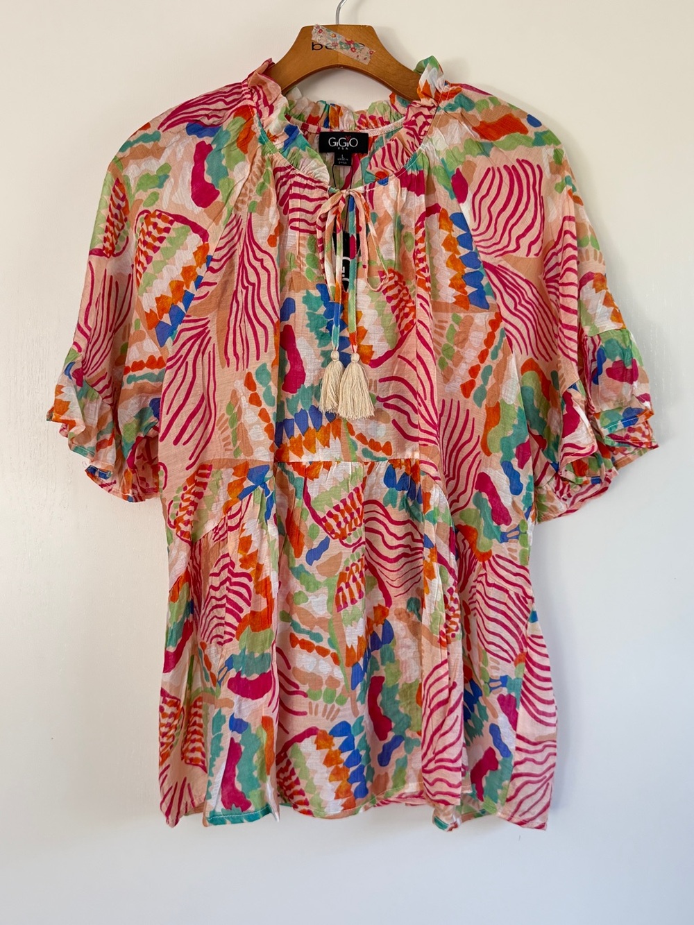 GIGIO Pink Multi Wave-Print Ruffle Sleeve Peasant Top